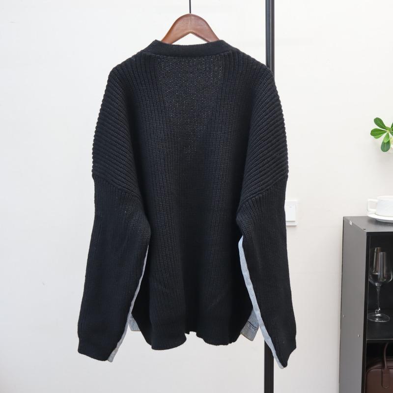 Fake Two-piece Splicing Denim Knitted Cardigan Autumn and Winter New Loose Design Sweater Jacket Women