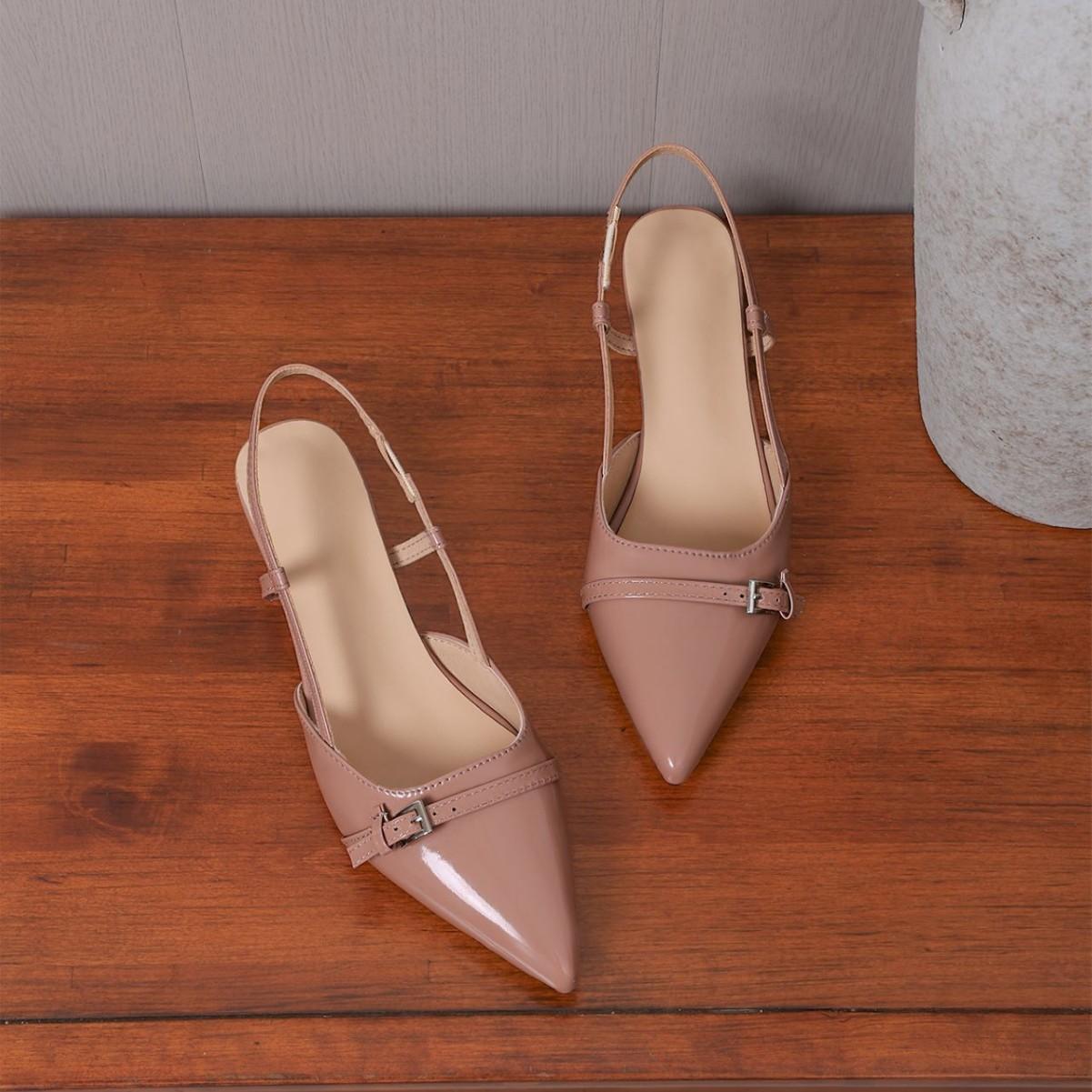 

New popular Fashion Women s Dress Shoes Patent Leather Slip on Pointed Toe Sandals Buckle Slingbacks Mid Heels Pumps 35 розовый