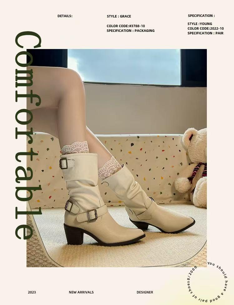 Women's Retro White Chunky Heel Martin Boots with Pointed Toe - Autumn/Winter 2025 Fashion Collection.