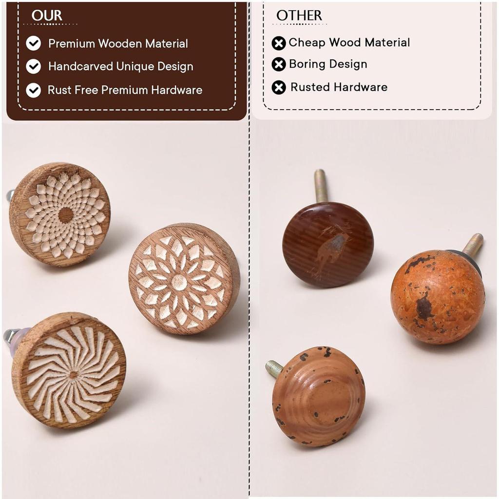 6 Pieces Wooden Cabinet Knobs, Boho Drawer Pulls, Round Floral Knobs for Dresser, Polished Brown