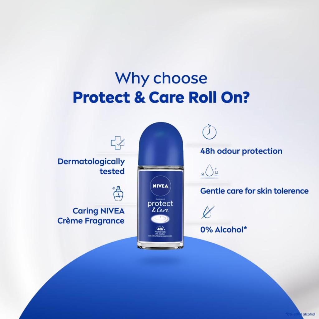 Nivea Women Deodorant Roll On - Protect & Care, Non-Irritating & 48h Protection, 50 ml