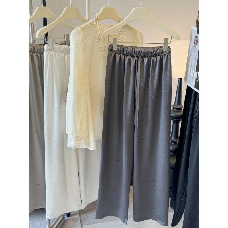 

Embossing process~ Satin silky wide-leg pants femininity fashionable mopping trousers drape straight trousers loose and casual M серый