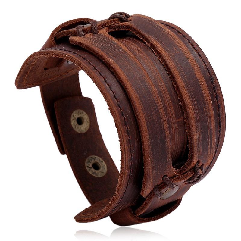 Mens Vintage Punk Leather Bracelet Handmade Multi-Layer Geometric Cuff Biker Style Jewelry Accessories
