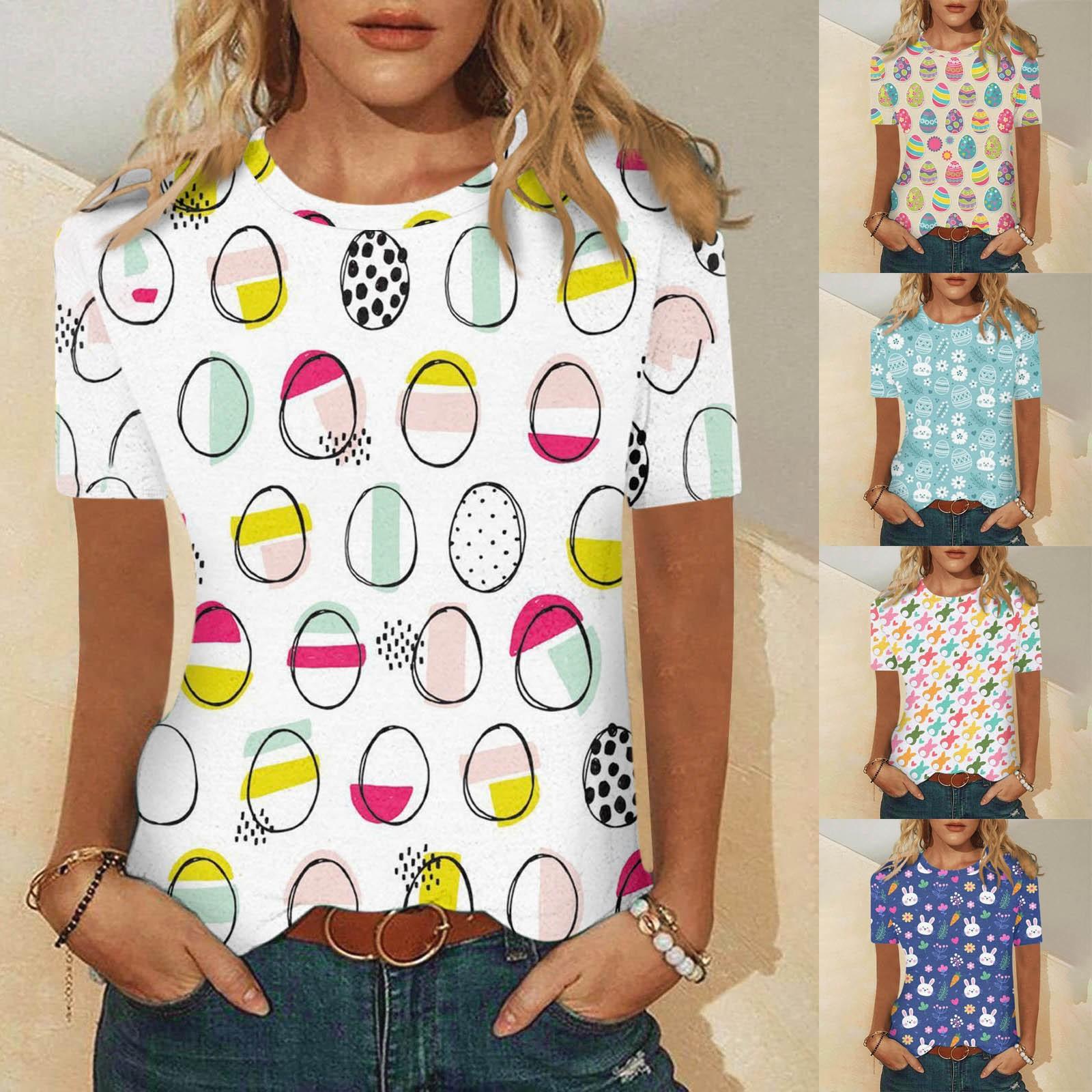 

Женская модная повседневная блузка с круглым вырезом и короткими рукавами с принтом пасхального кролика