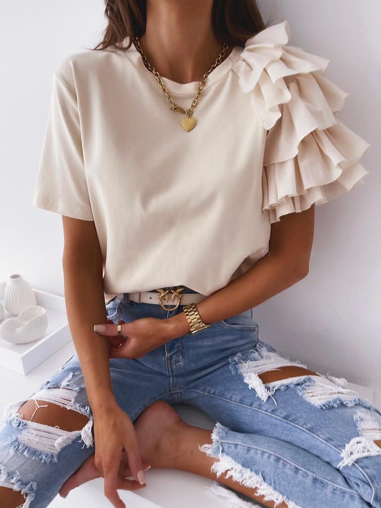 2026 Summer Fashion Women's Ruffle Short Sleeve Round Neck T-shirt, European and American Style