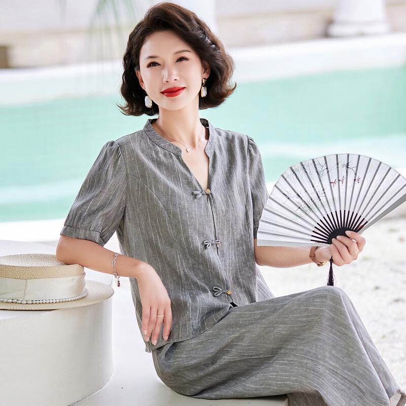 Pastte Sommer-Set im neuen chinesischen Stil für Mütter mit V-Ausschnitt und weiten Hosenbeinen