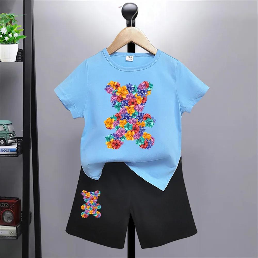 Bear Pattern Kids T-shirt Pants Kawaii T-shirt  Anime Cartoon Kids Casual Clothing 2-piece Set Kids Girls Boys Fashion Y2K