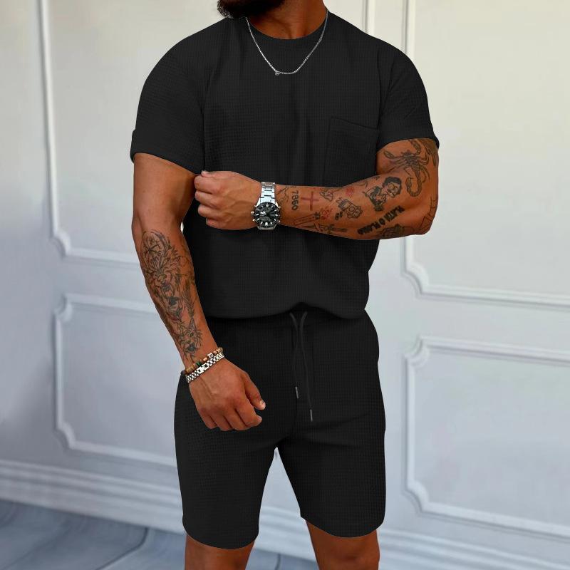 Summer Men's Trend Waffle Crew Neck Pocket Short Sleeve Shorts Casual Sports Cover