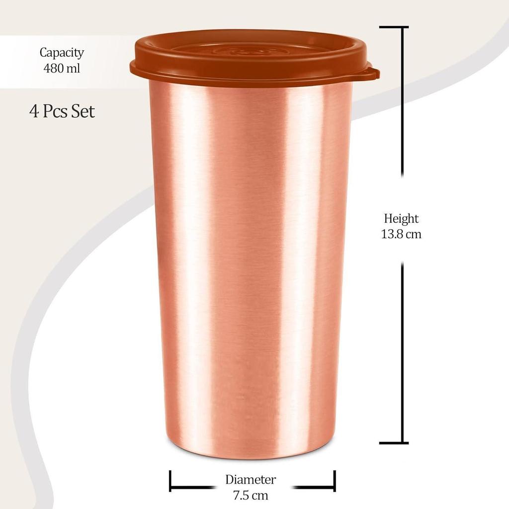 Copper Drinking Water Tumbler with Lid, Set of 4, 480 Ml Each, Copper | 100% Leak Proof | Office | Gym | Yoga | Home | Kitchen | Hiking