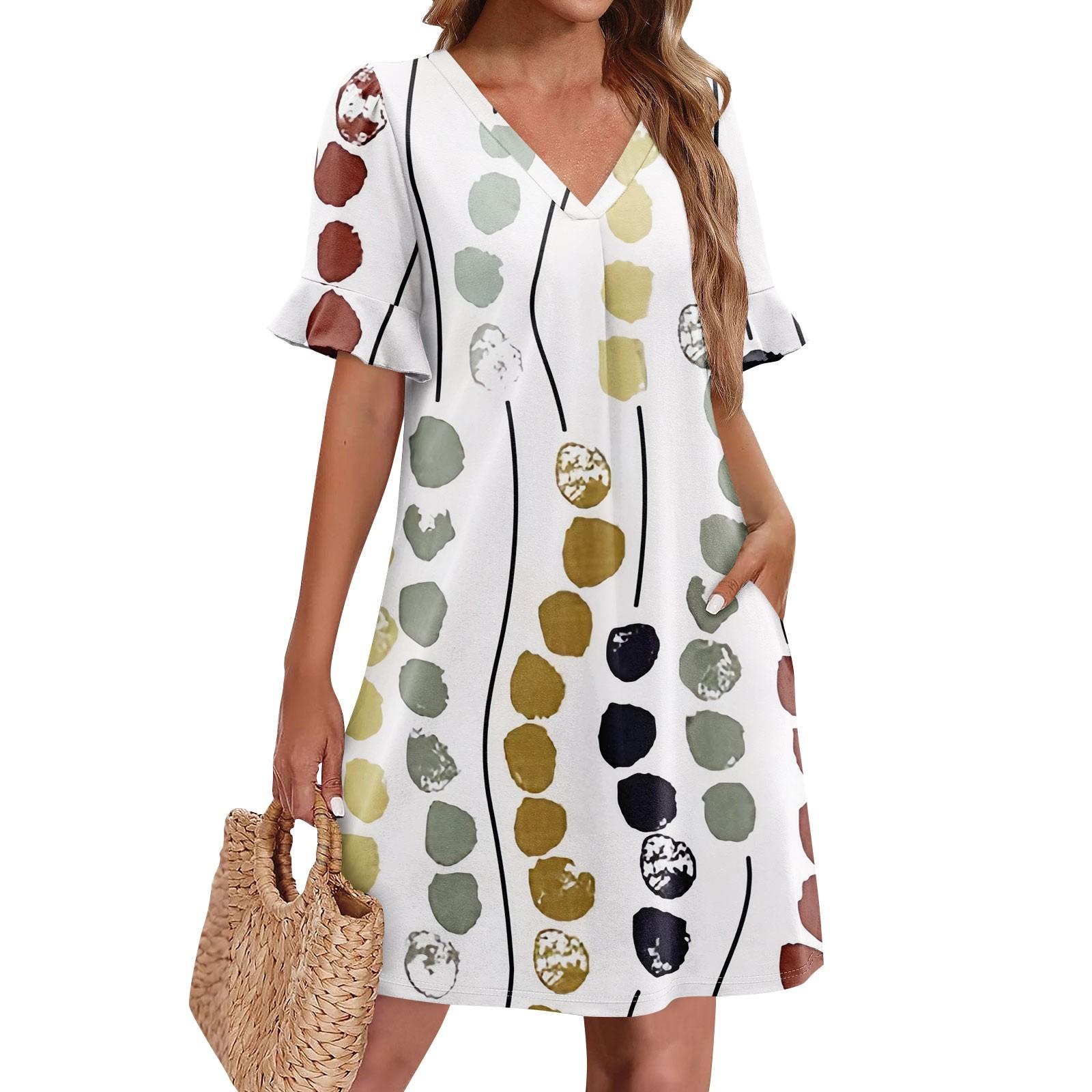

Летние платья для женщин с V-образным вырезом, оборками и коротким рукавом, повседневное свободное платье с принтом, пляжное платье с карманами XXL