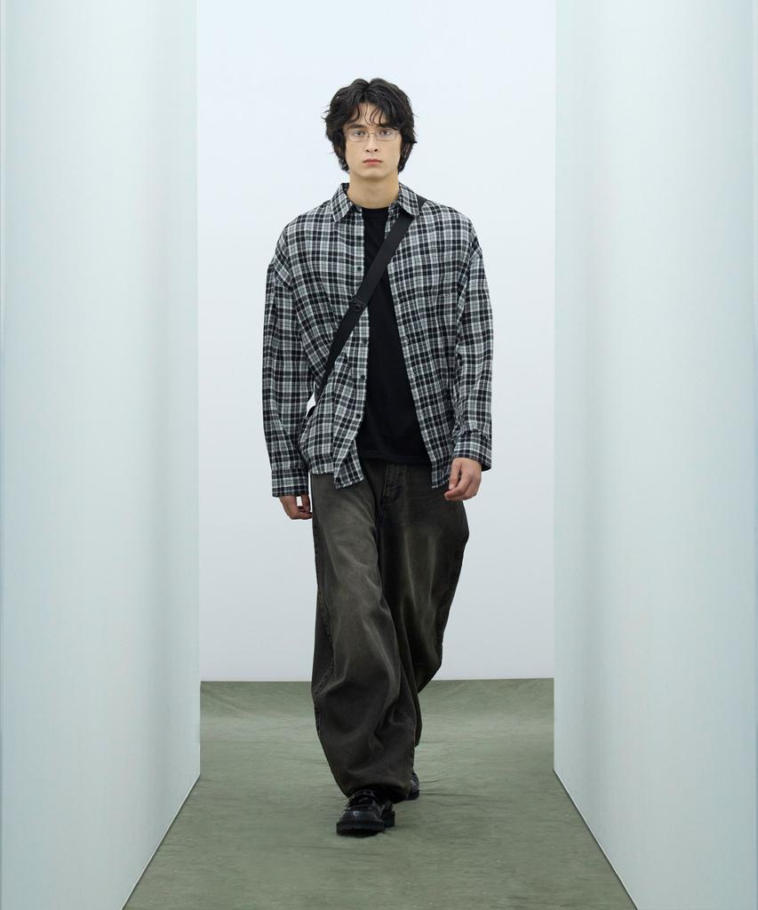 STANDARDERROR 87-Stan130 Nerd Mood Oversized Pocket Long Sleeve Check Shirt Black