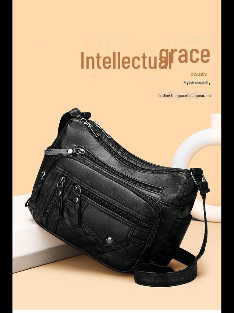 Bolsa de Ombro Mensageiro Feminina de Couro Macio com Vários Compartimentos e Camadas