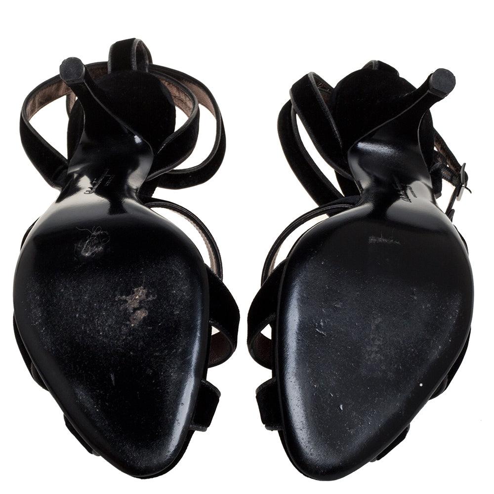 Salvatore Ferragamo Black Velvet Embellished Strappy Sandals