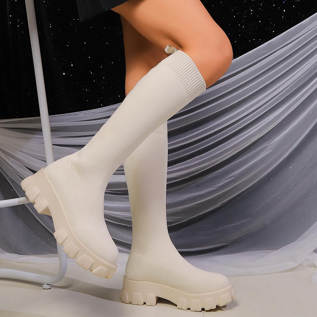 Fashion 2024 Spring Autumn New Thick Sole Knitted Long Boots for Women Fashion Elastic Socks Boots Over Knee Round Toe Platform Shoes