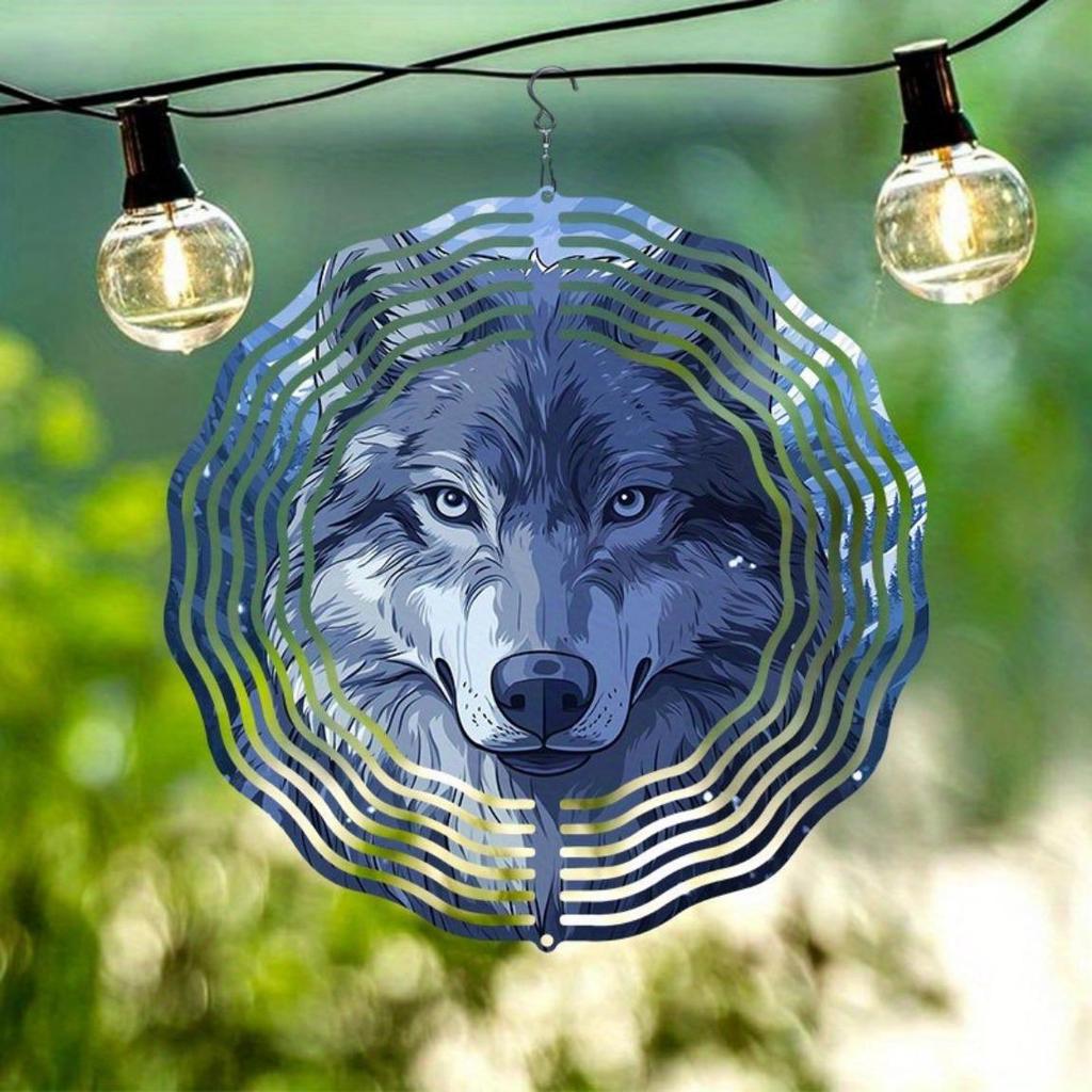 Bergwolf 2D Kinetische Windspiel - Metall-Wandkunst für den Außenbereich mit 360° drehbarem Haken, Bunte reflektierende Dekoration für die Terrasse