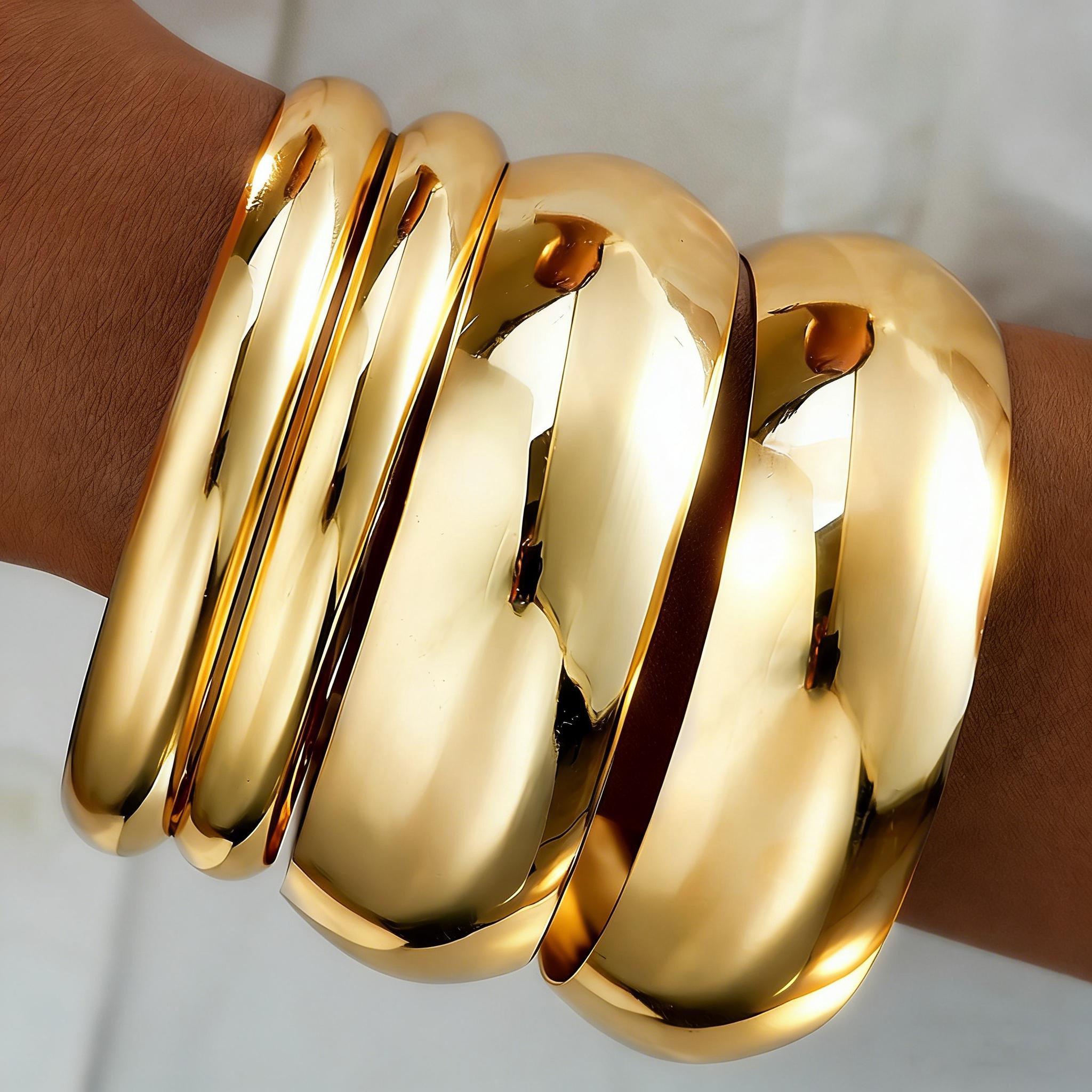 

4Pcs Round Smooth Gold Color Wide Bangles Set for Women Simple Thick Open Bracelet New Fashion Luxury Wedding Daily Jewelry Gift