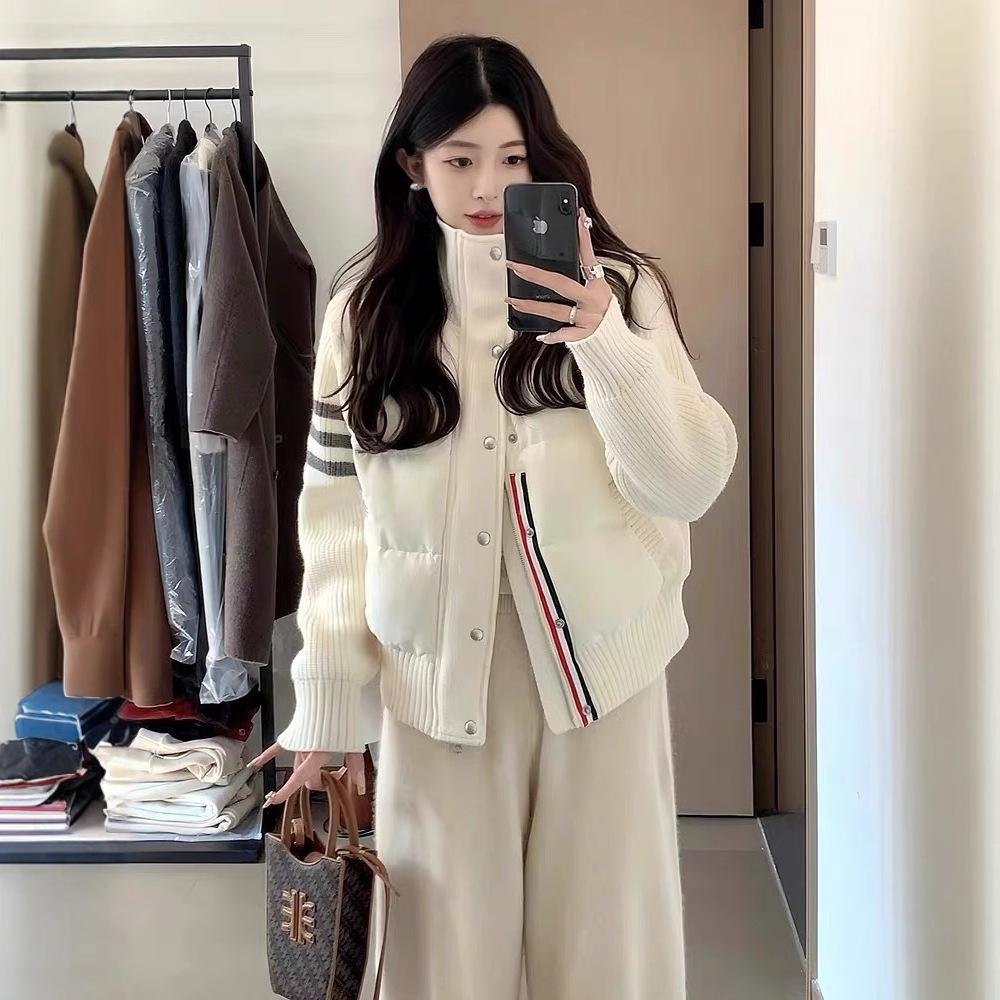 European trendy knitted splicing light down jacket women's winter fashion contrasting color striped stand-up collar casual jacket