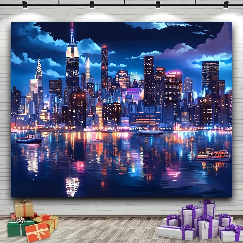 Vibrant New York Night Scene Background Cloth -1 polyester fiber flag, bright colors, detailed urban landscape