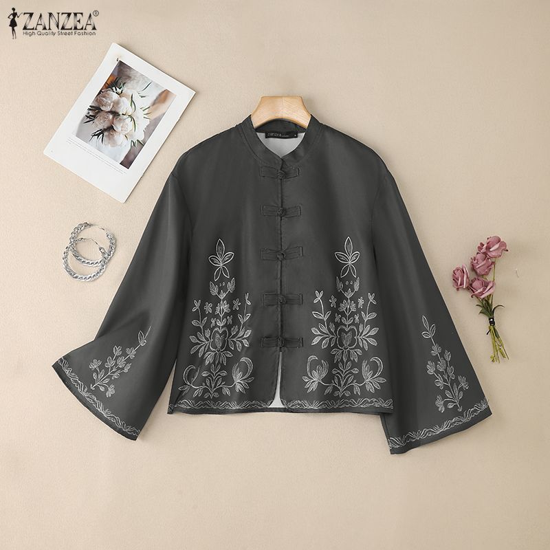 ZANZEA Women Casual Stand Collar Loose Long Sleeve Print Blouse