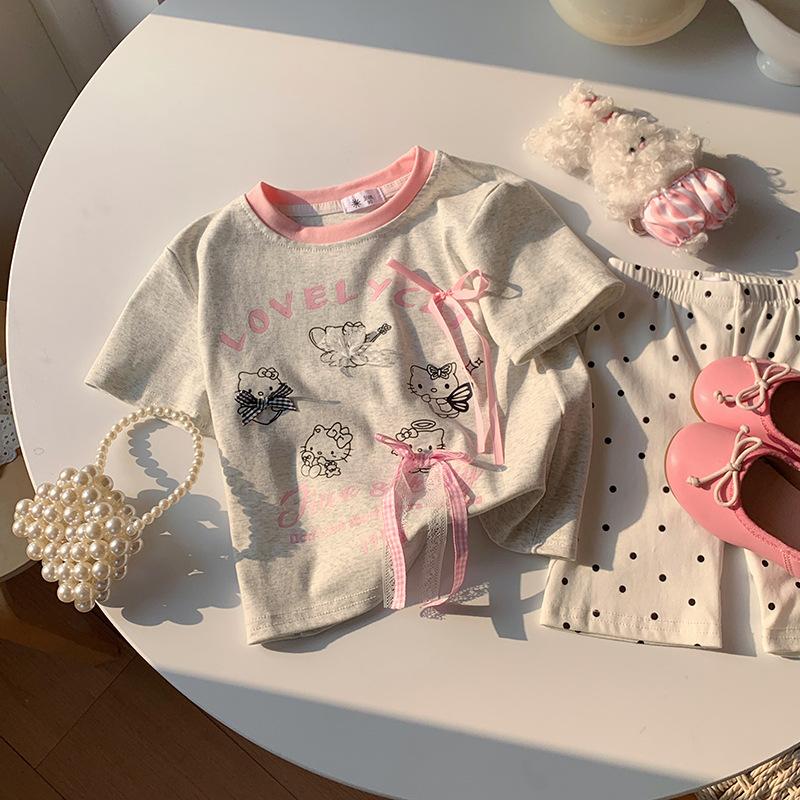 Kids Summer Thin Bow Tie T Shirt Cute Cartoon Print Plaid Block Short Sleeve Top For Girls 90cm розовый