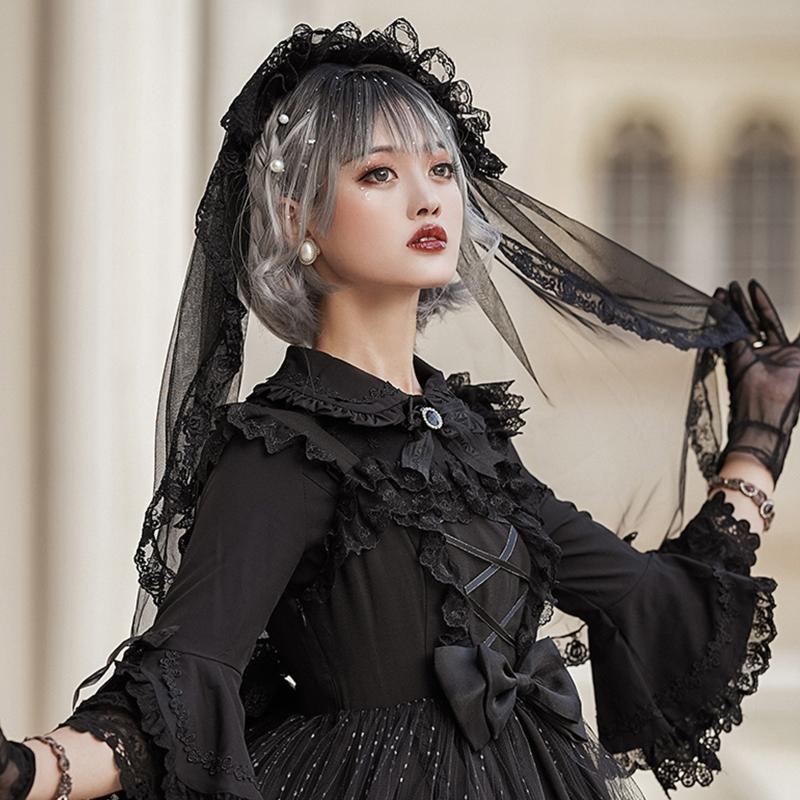 Vintage Brides Lace Veil Headdress Black White Lolita Veil for Outdoor Occasions