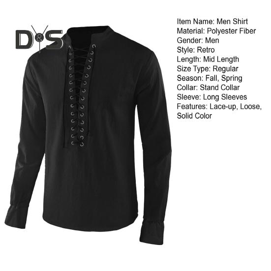 Весна Осень Мужская Рубашка На Шнуровке Воротник-стойка Длинные Рукава Однотонный Цвет — фото 10