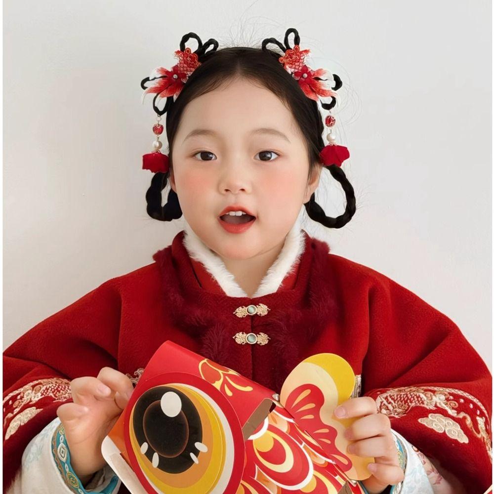 Tocado con borlas para Año Nuevo chino, trenza de pelo, palitos para el pelo Hanfu, peluca para niños, diadema para niños