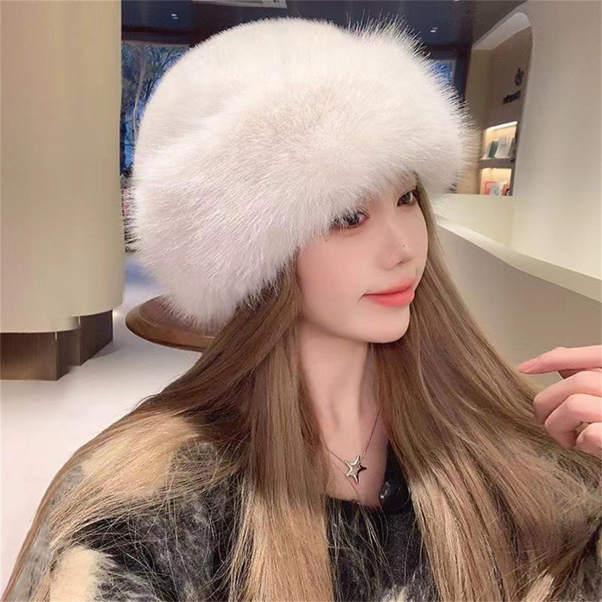 

Spot autumn and winter thick plush hat with large brim imitation mink fox fur warm fashion hat for women