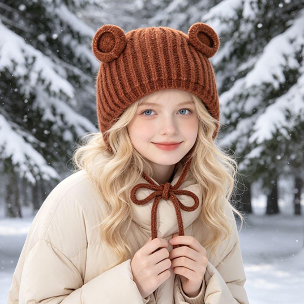 Thicken Ear Protection Hat Keep Warm Overhead Cap Fashionable Bear Ear Knitted Hat  Adult
