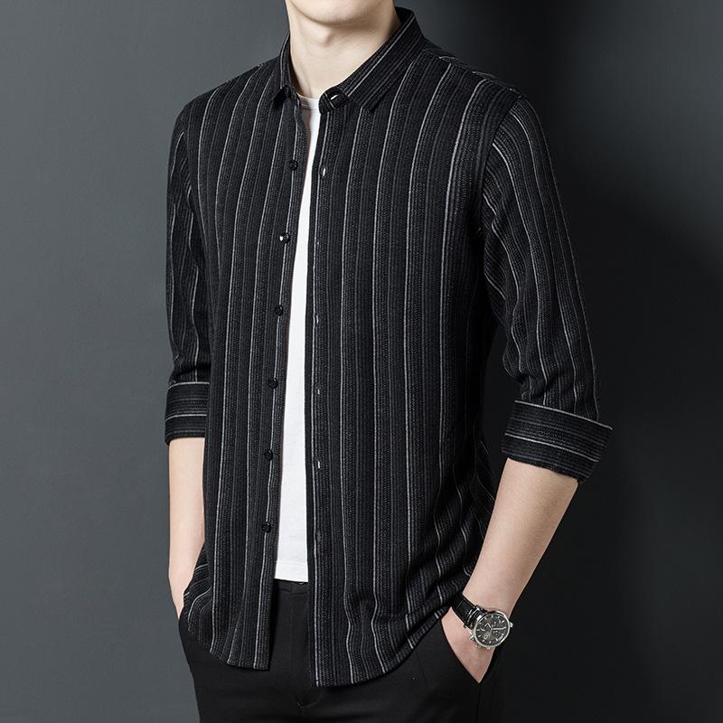 

Деловая повседневная мужская рубашка, весенняя мягкая ткань, удобная дышащая рубашка в полоску с лацканами 4XL