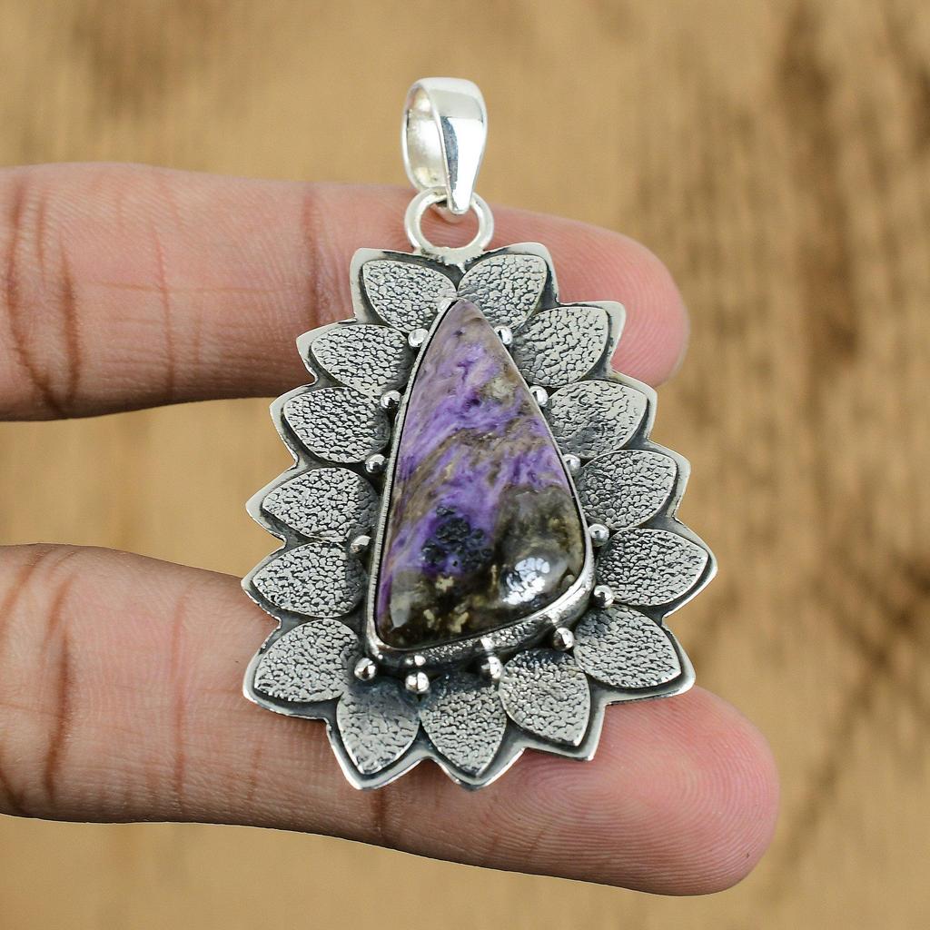 Mothers day Deal Russian Charoite Gemstone Boho Pendant Jewelry Sterling Silver