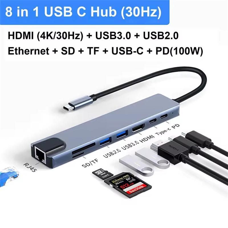 8-in-1 USB-C Hub Typ C Erweiterung HDMI-kompatibler Adapter Laptop-Konverter mit RJ45 SD-Kartenleser PD Schnelllader für Macbook