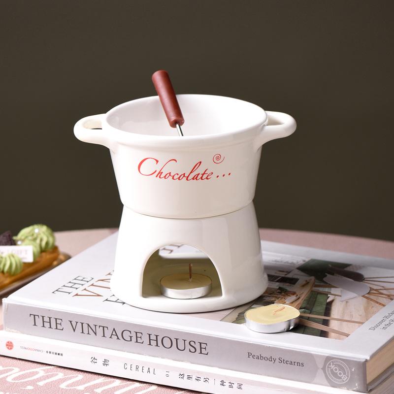 Creative Ceramic Fondue Pot Set with Forks - Ideal for Heating Chocolate and Cheese, Perfect for Home Gatherings