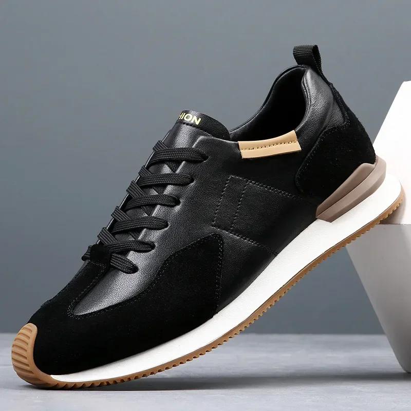 New Men Shoes Fashion Genuine Leather Casual Sport Shoes Comfortable Street Cool Cow Leather Trainers 38 чёрный