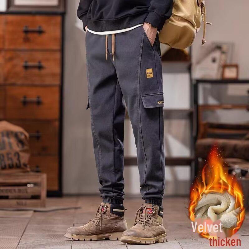 2024 Men's American-Style Plus Velvet Autumn/Winter Overalls: Versatile, Loose, Warm, Casual Pants