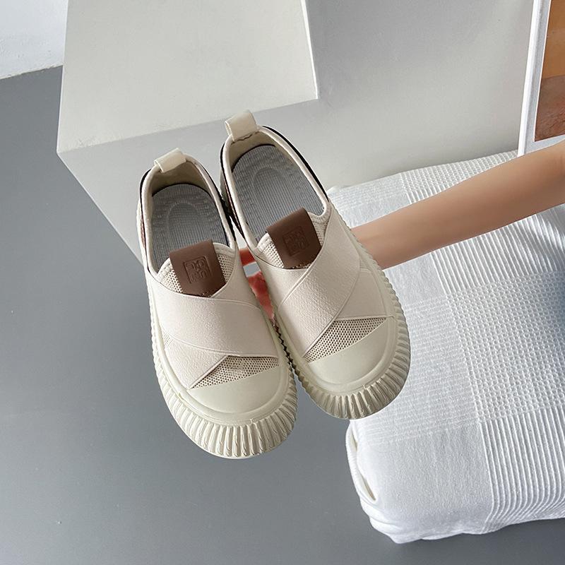 

Women s shoes 2025 new spring and autumn versatile thick-soled one-pedal shoes sports non-slip lightweight biscuits canvas shoes increase height 40 бежевый