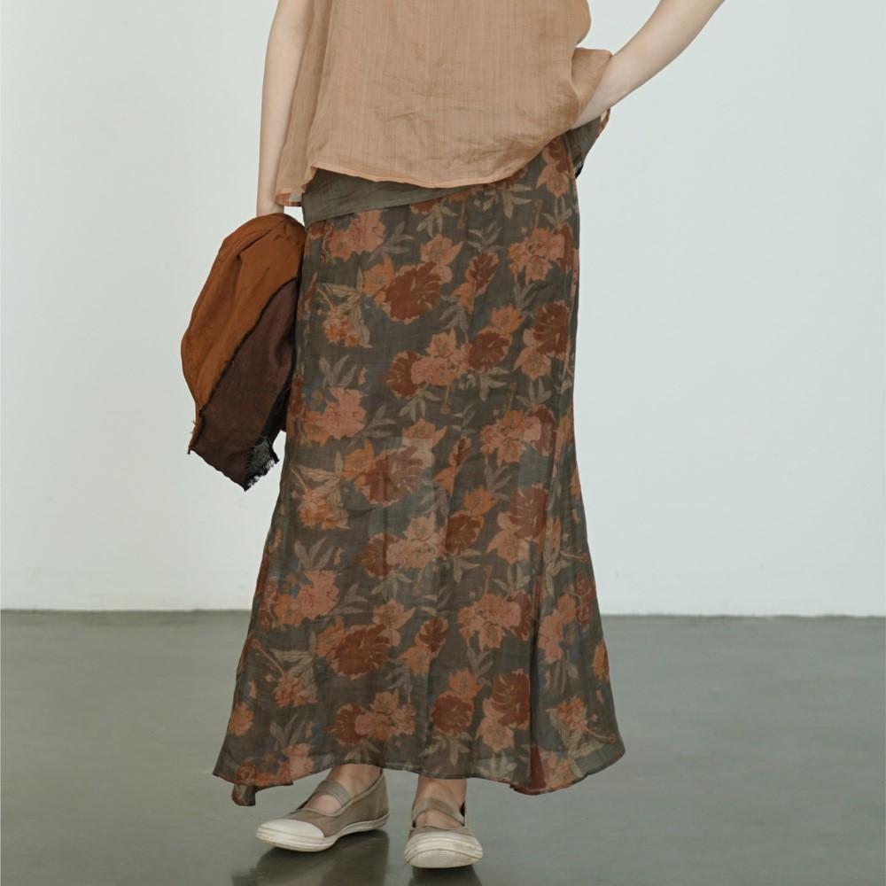 Johnature Women Vintage Print Floral Straight Skirts Spring Chinese Style Ramie Soft Female High Quality Skirts