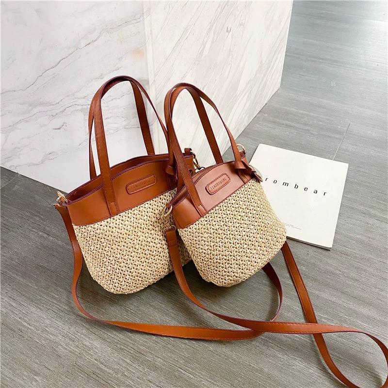Stylish Woven Crossbody Bag for Women Casual Deep Brown PU Beach Bucket Bag with Polyester Lining and Zip Closure Grass Weaving Handbag