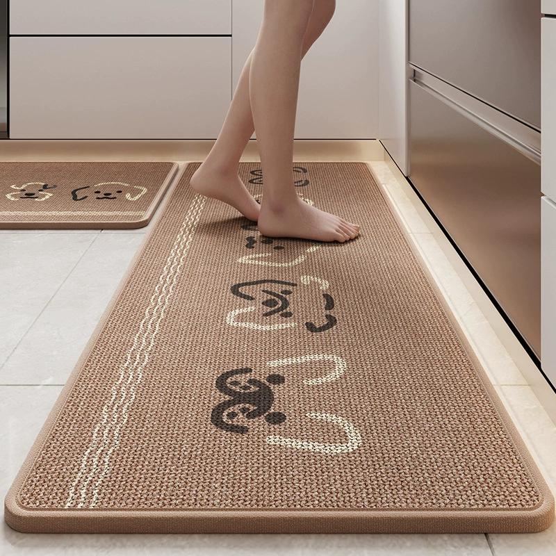 Cartoon Printed Linen Kitchen Floor Mat, Water and Oil-absorbing Kitchen Rug, Non-Slip Rubber Backing, Doormat Bath Mats