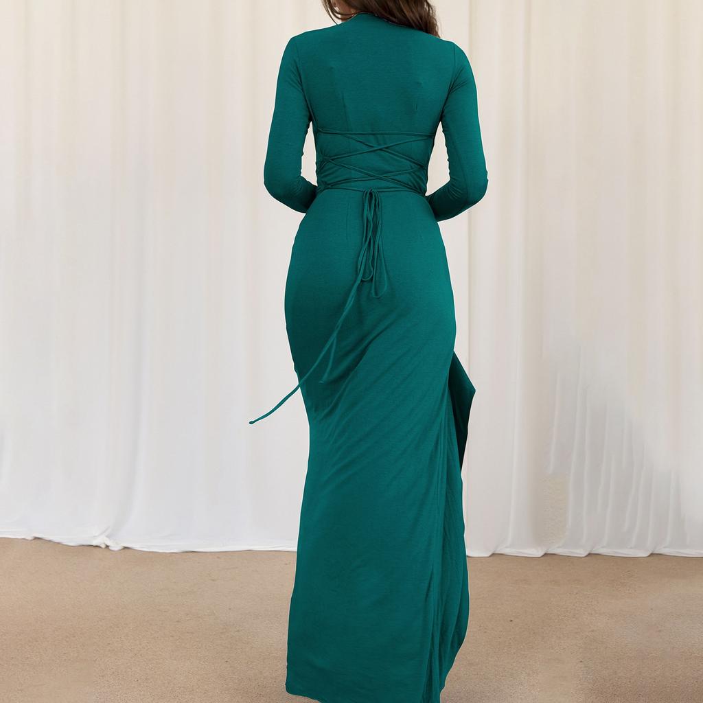 Women's Casual Fashion Long Sleeve Solid Color Slim Waist Dress