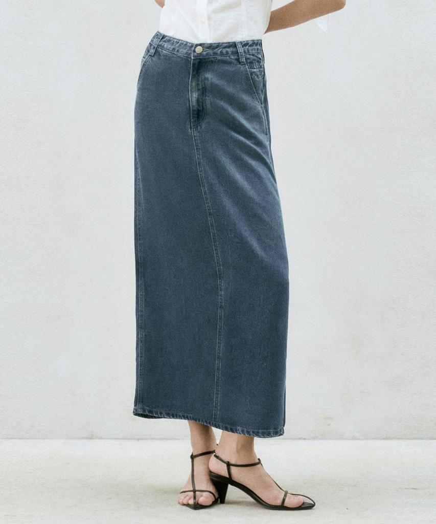 RE RHEE Washed Denim Midi Skirt
