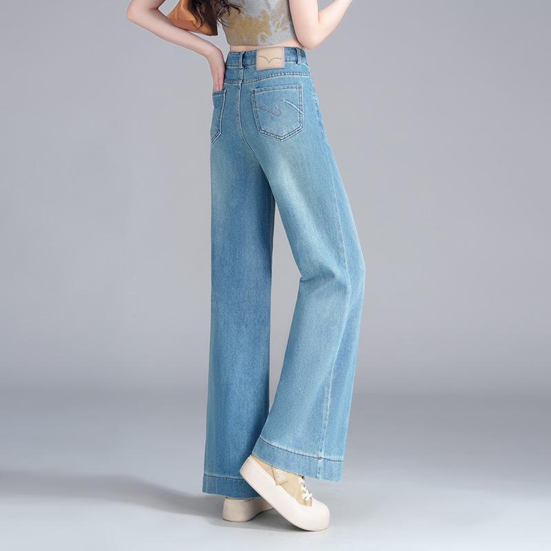 Women's High-Waisted Blue Retro Wide-Leg Denim Pants