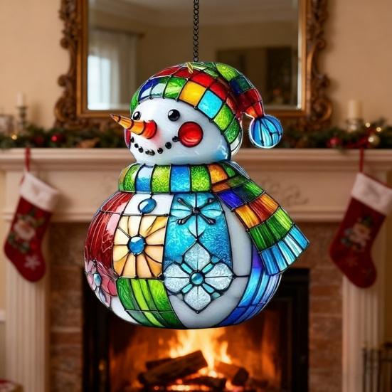 Yousheng Cute Snowman Suncatcher Acrylic Stained Glass Window Hanging Ornament for Christmas Car Indoor Outdoor Decor