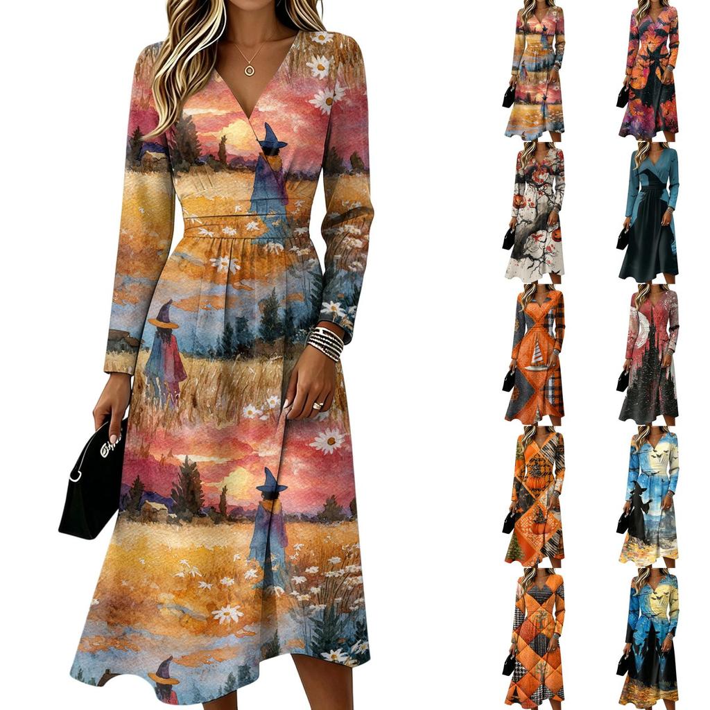 Women's Casual Halloween Print Long Sleeve V-Neck Dress with Pockets for Fall Party