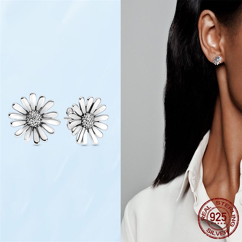 Real Original 925 Sterling Silver Daisy Flower Feather Hoop Heart Stud Earrings Fit Women Fashion Jewelry Engagement Party Gift