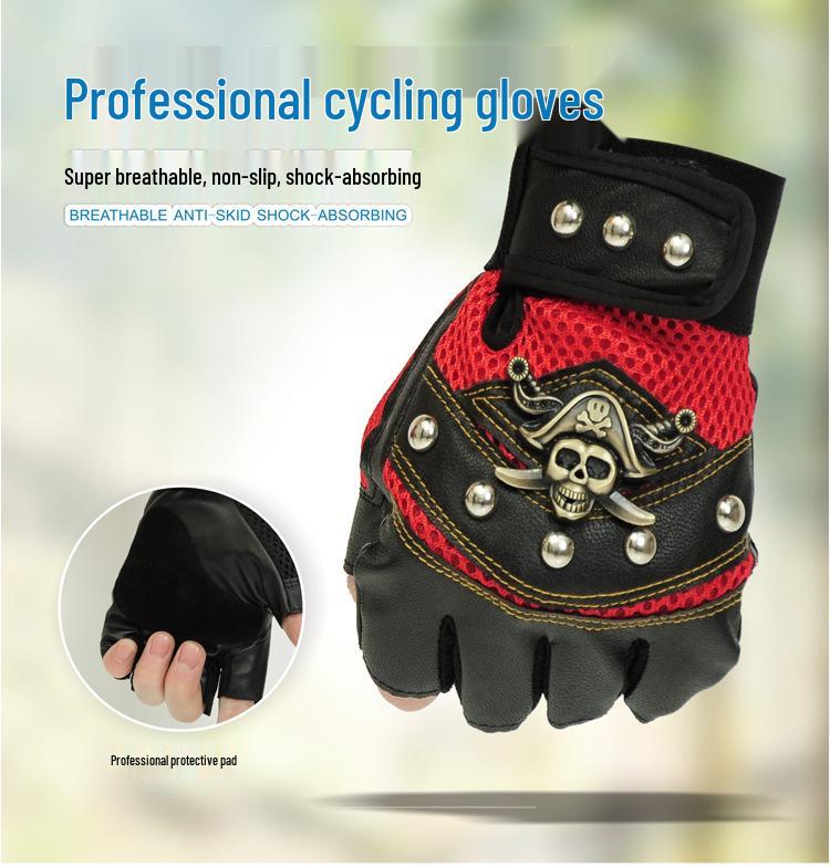 Men's Rivet Pirate Skull Half-Finger Leather Gloves for Autumn/Winter – Ideal for Mountaineering and Riding