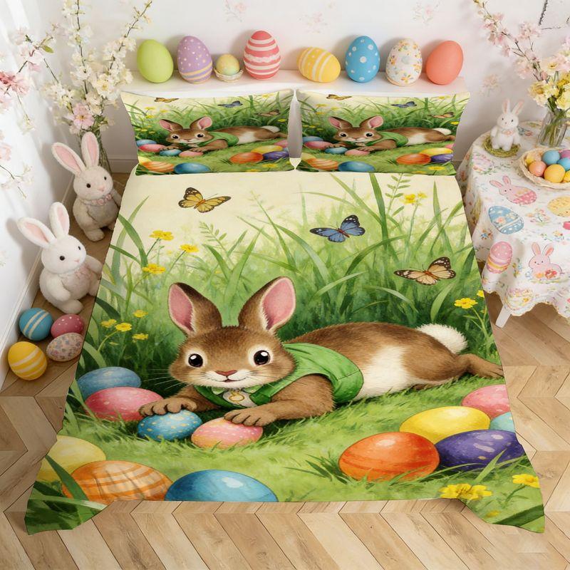 Bedding Pillowcase Quilt Cover 3-Piece Set Rabbit, Easter Egg Pattern, Easter Home Decoration