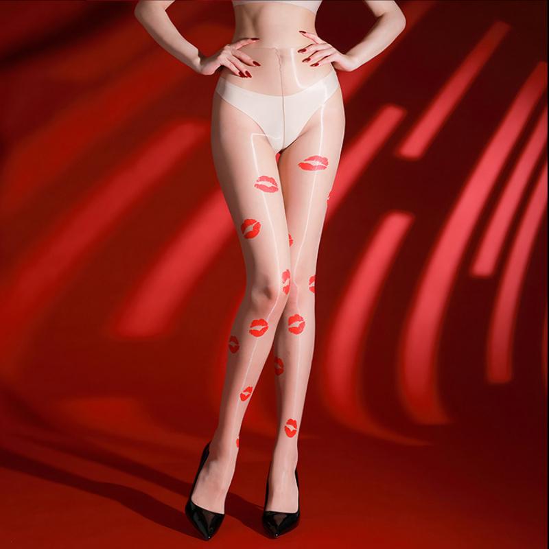 Sexy Red Lip Print Aurora Stockings Ultra-thin Glossy Reflective Silky Transparent Lipstick Print Girl Black Stockings