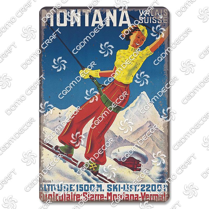 Ski Poster Metall Blechschilder Skipiste Schlitten Winter Skifahren Sport Metallplatte Vintage Wanddeko Geschäft Ski Club Wohnzimmer Zuhause