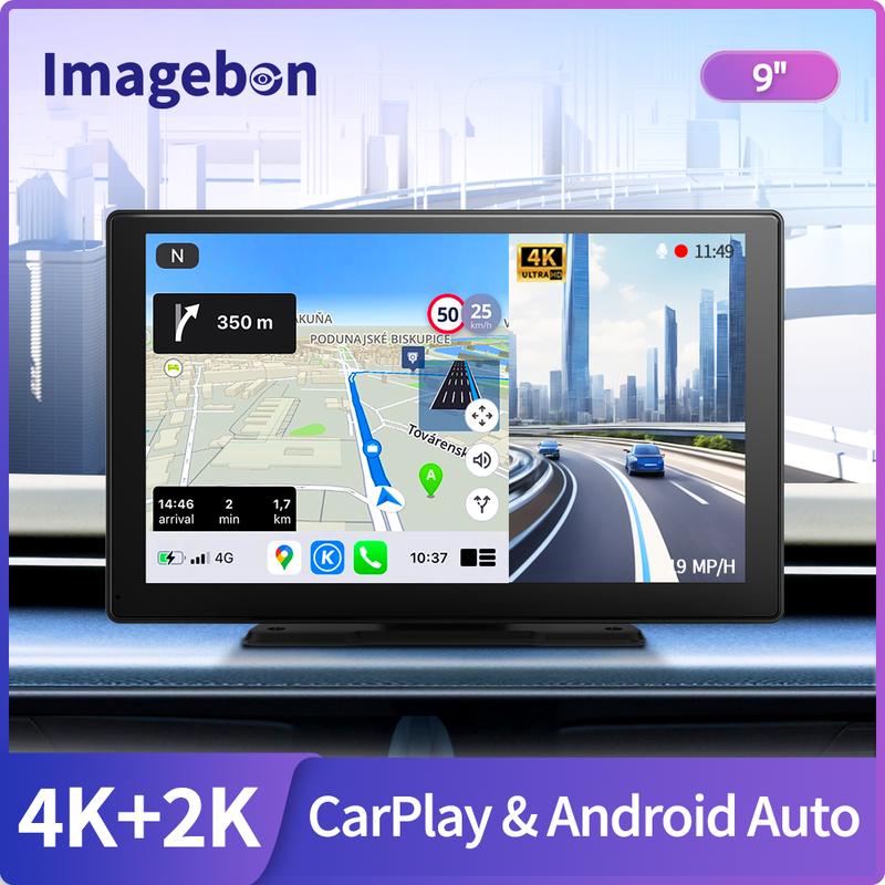 Imagebon 9" 4K Dashcam Wireless CarPlay & Android Auto Car DVR GPS Navigation Night Vision Dual Lens WiFi AUX FM